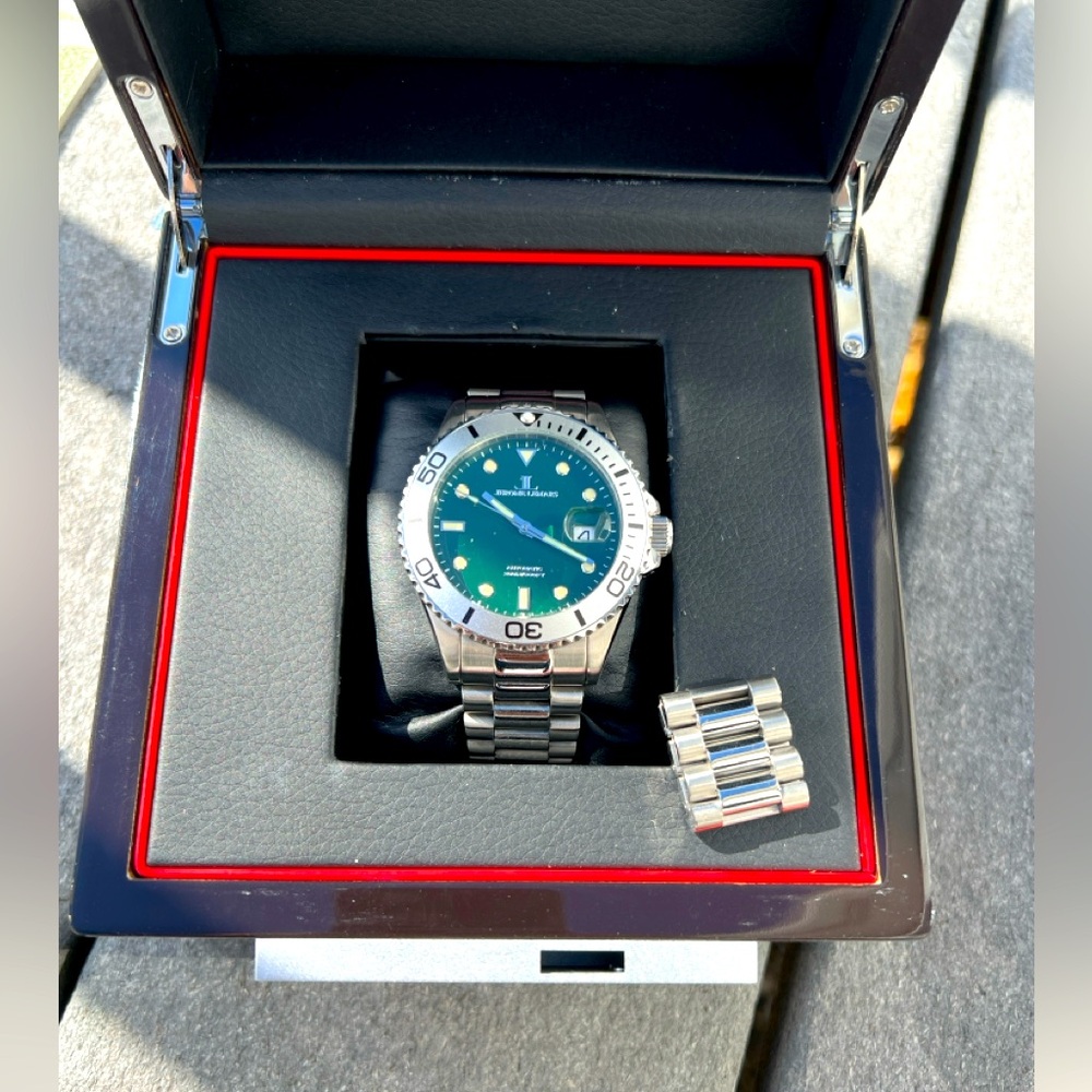 Jerome Lemars Rodin Silver Bezel Green Dial 44 mm Automatic Diver w SS Bracelet